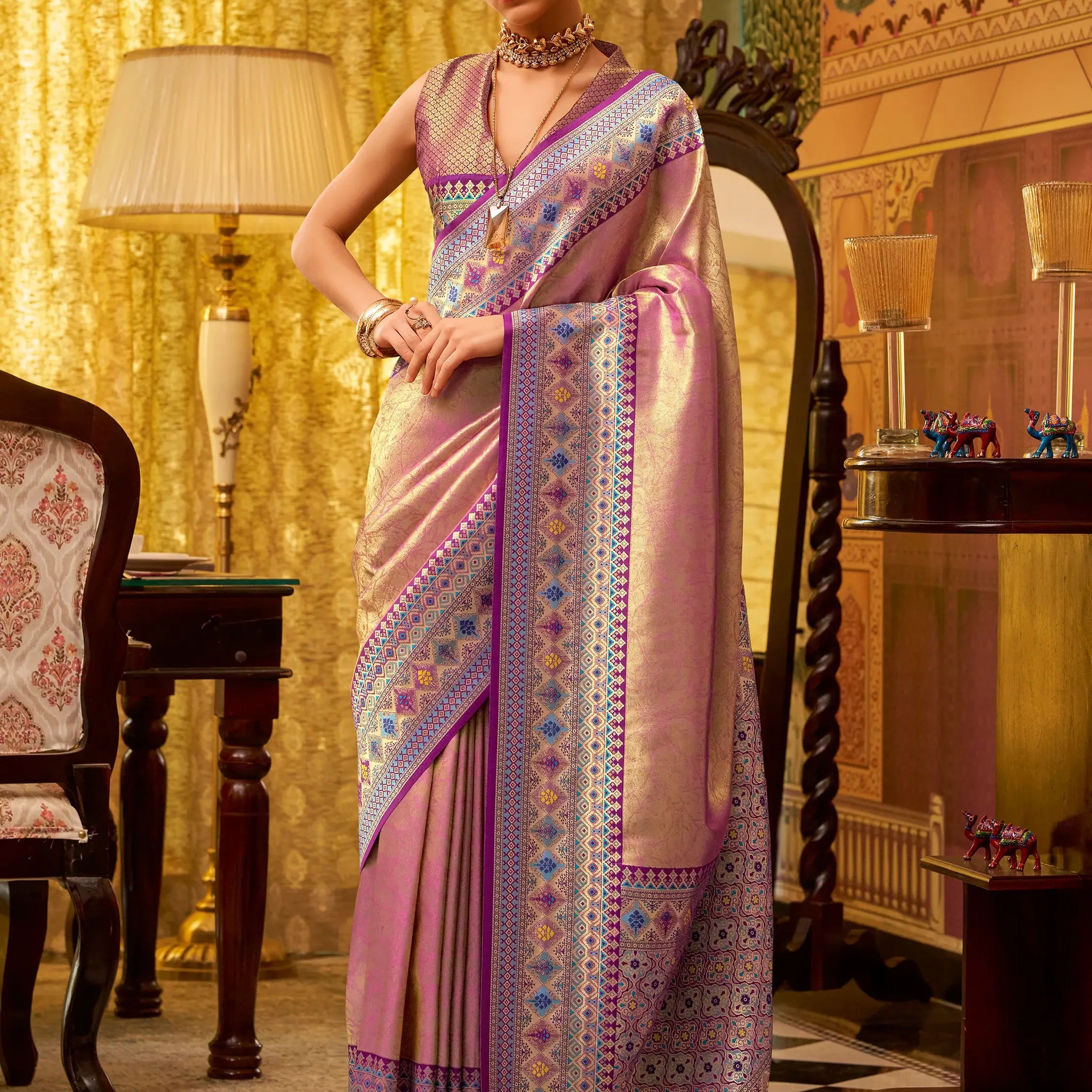 Gorgeous Purple Zari Weaving Tissue Silk Saree With Blouse - Zeel Clothing