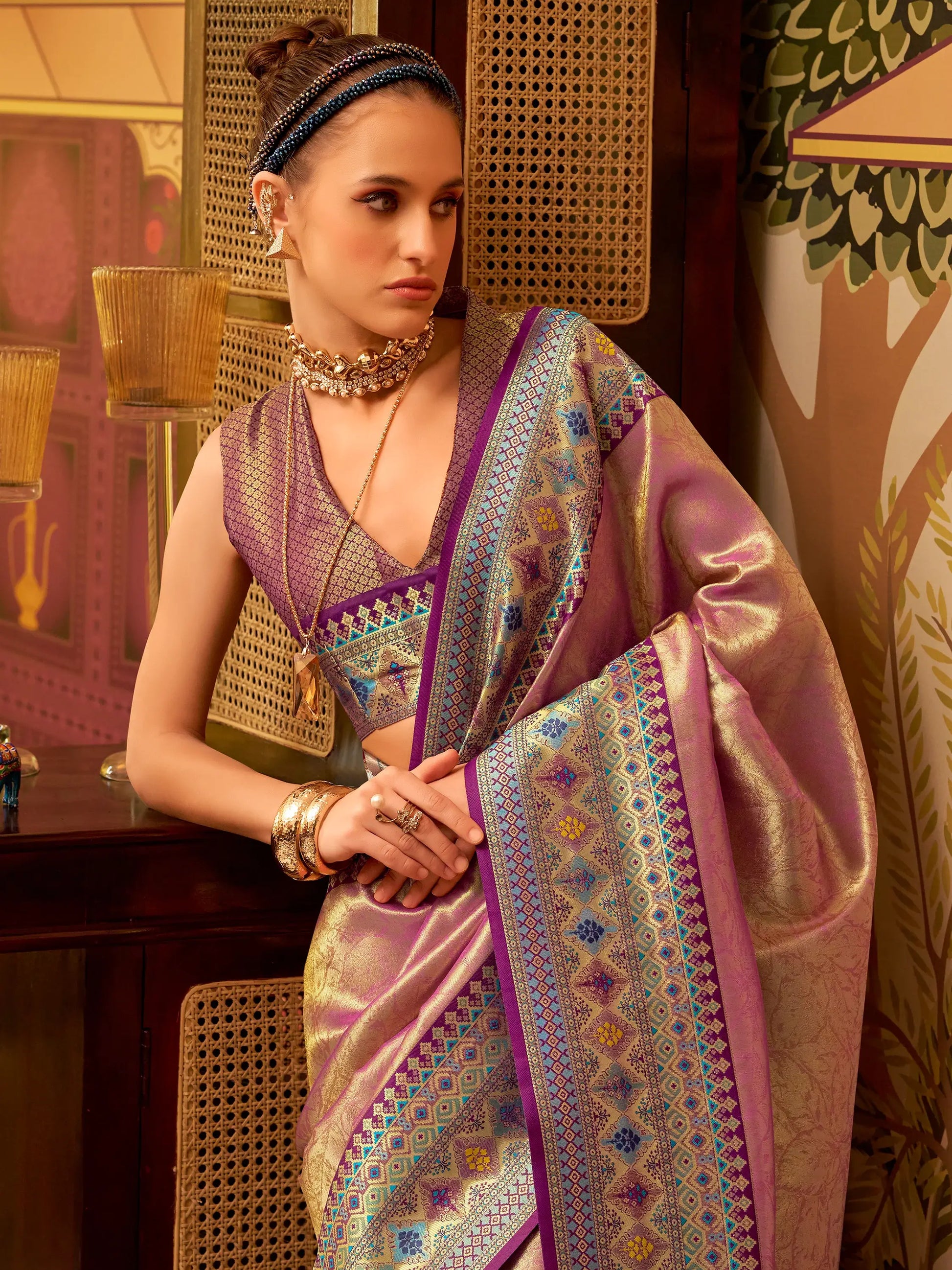 Gorgeous Purple Zari Weaving Tissue Silk Saree With Blouse - Zeel Clothing