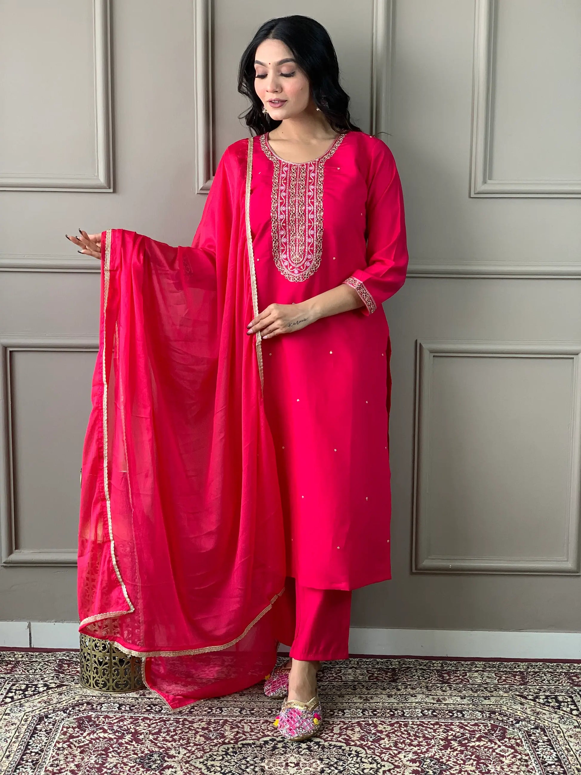 Gorgeous Rani Pink Embroidered Chanderi Silk Traditional Pant Suit - Zeel Clothing