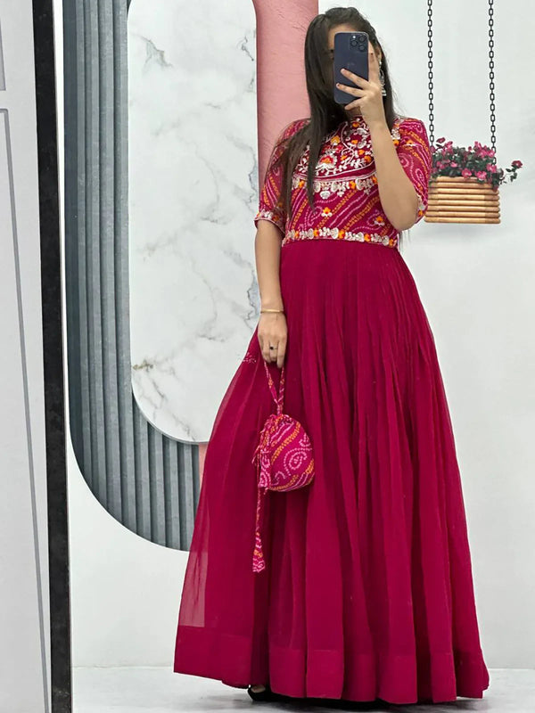Gorgeous Rani Pink Embroidered Georgette Gown With Jacket - Zeel Clothing