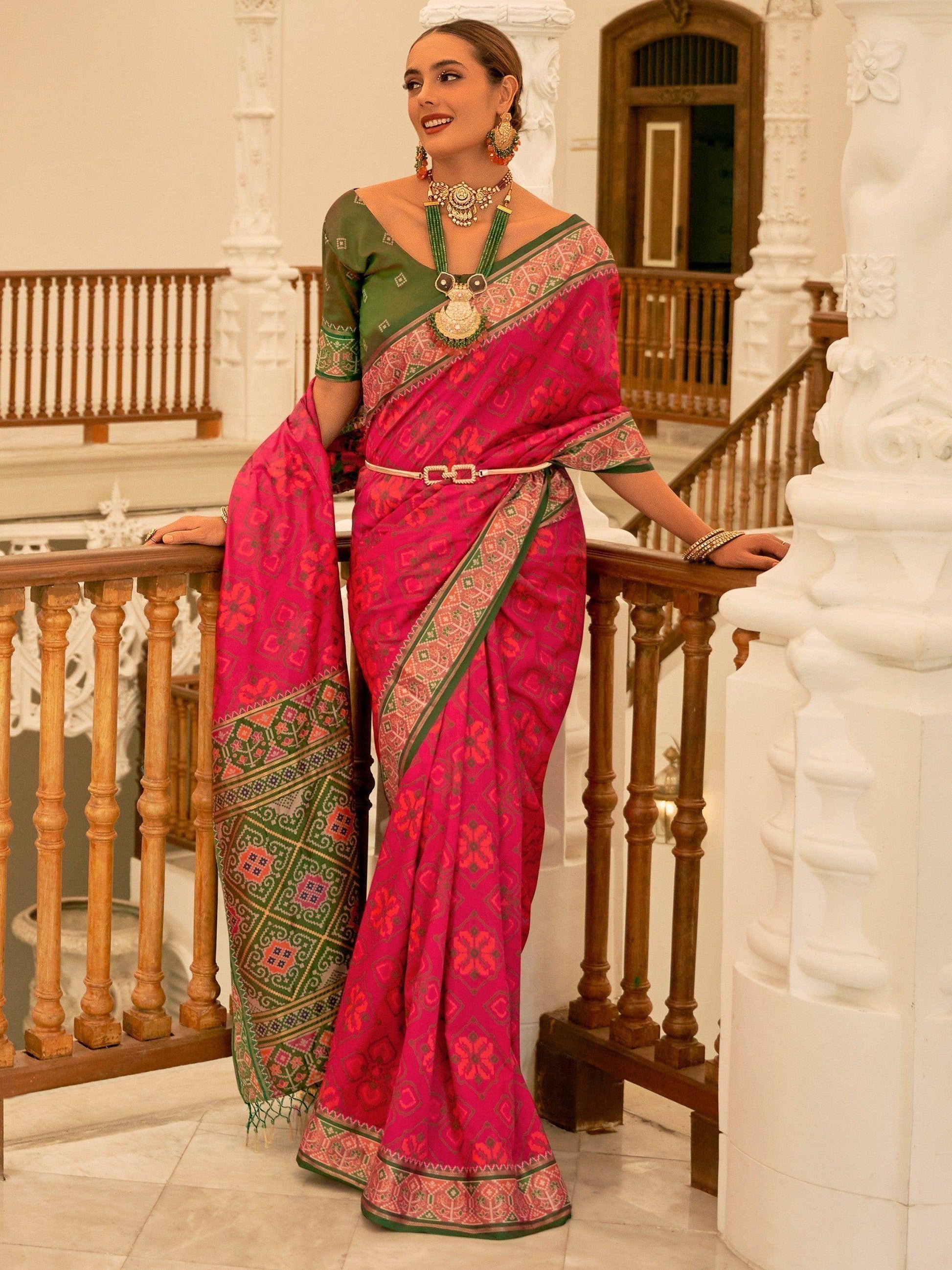 Gorgeous Rani Pink Patola Printed Silk Engagement Wear Saree - Zeel Clothing
