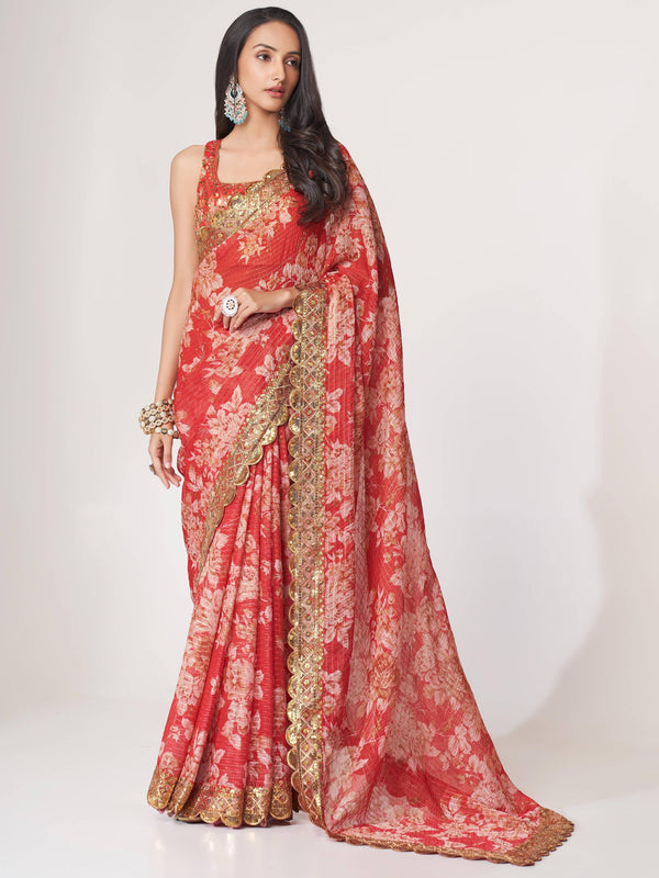 Gorgeous Red Floral Print Organza Wedding Wear Saree With Blouse - Zeel Clothing