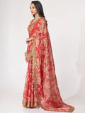 Gorgeous Red Floral Print Organza Wedding Wear Saree With Blouse - Zeel Clothing