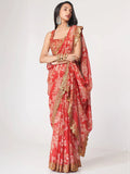 Gorgeous Red Floral Print Organza Wedding Wear Saree With Blouse - Zeel Clothing
