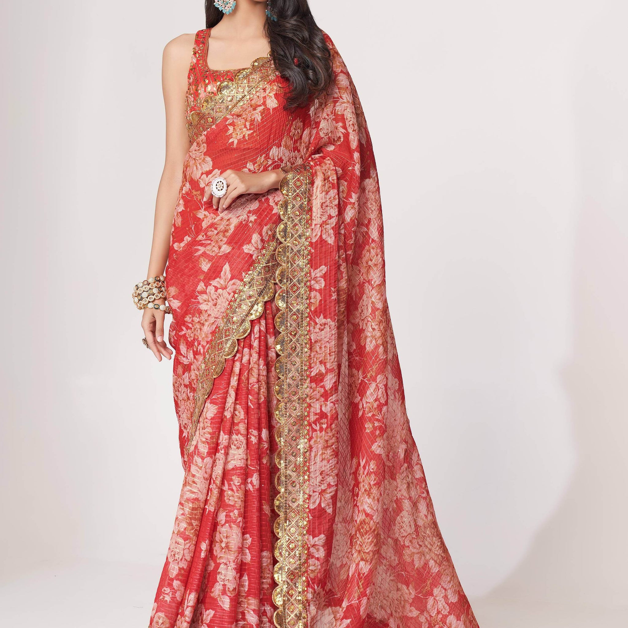 Gorgeous Red Floral Print Organza Wedding Wear Saree With Blouse - Zeel Clothing