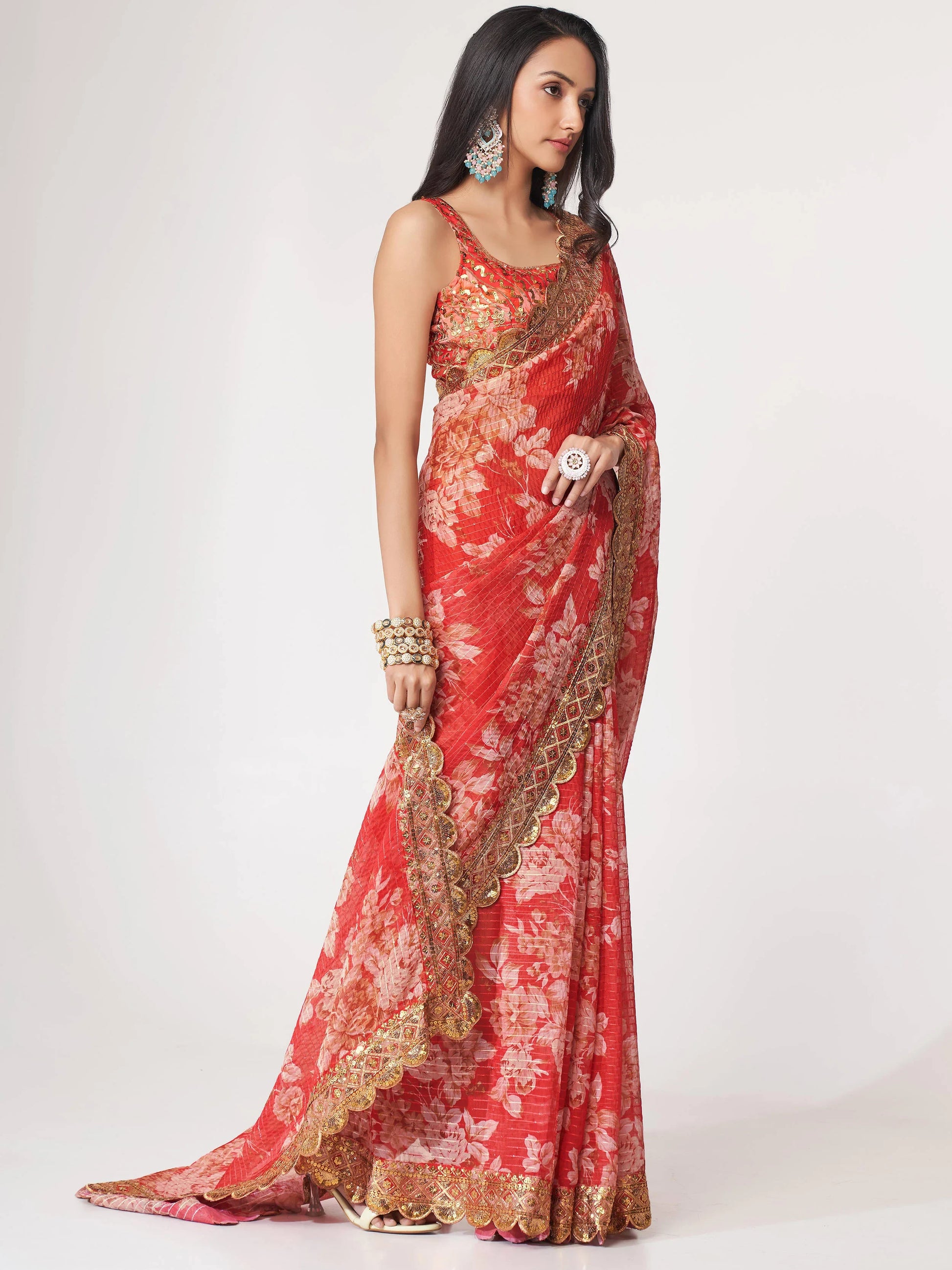 Gorgeous Red Floral Print Organza Wedding Wear Saree With Blouse - Zeel Clothing