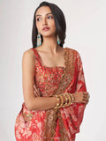 Gorgeous Red Floral Print Organza Wedding Wear Saree With Blouse - Zeel Clothing
