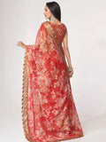 Gorgeous Red Floral Print Organza Wedding Wear Saree With Blouse - Zeel Clothing