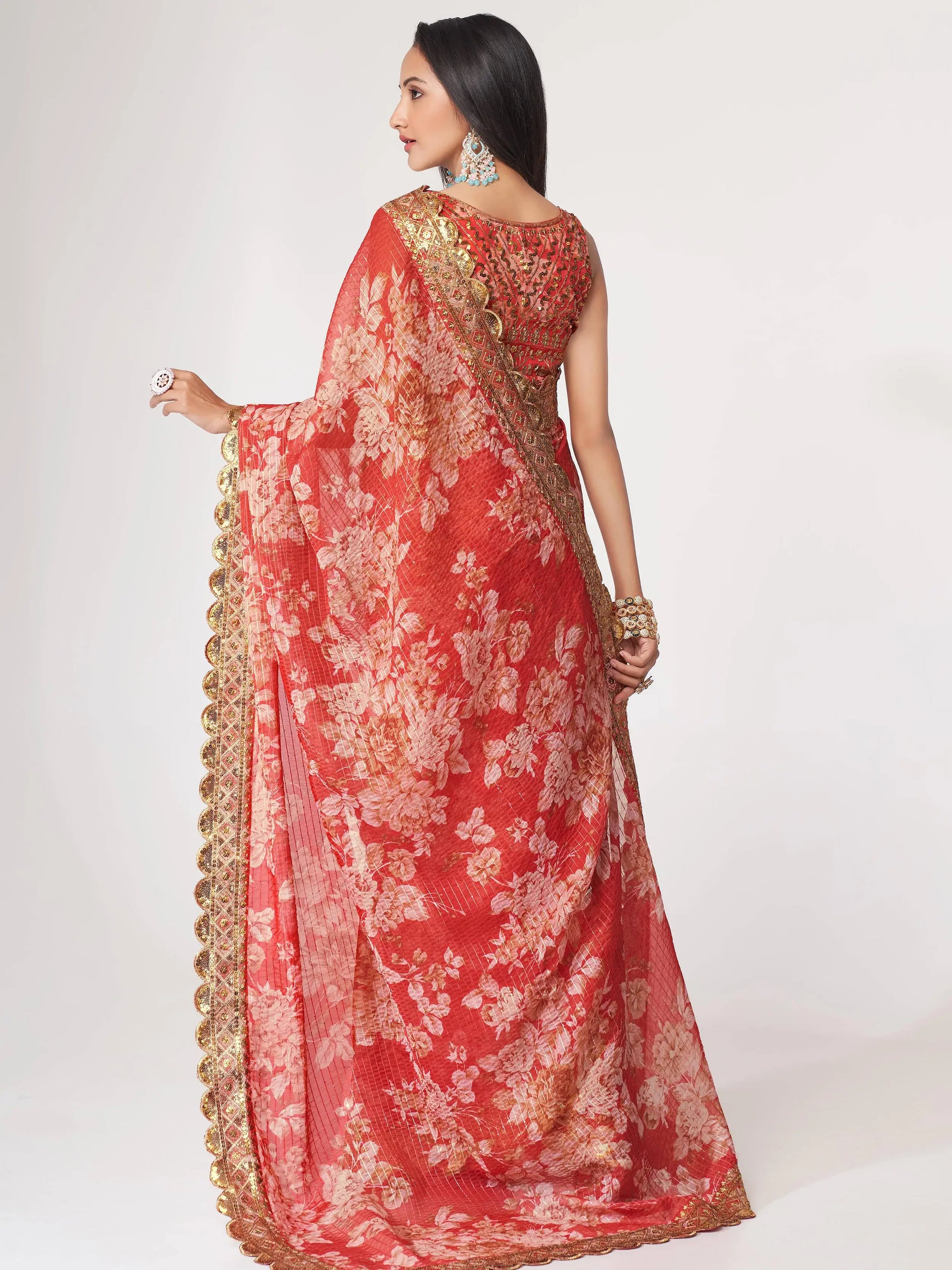 Gorgeous Red Floral Print Organza Wedding Wear Saree With Blouse - Zeel Clothing