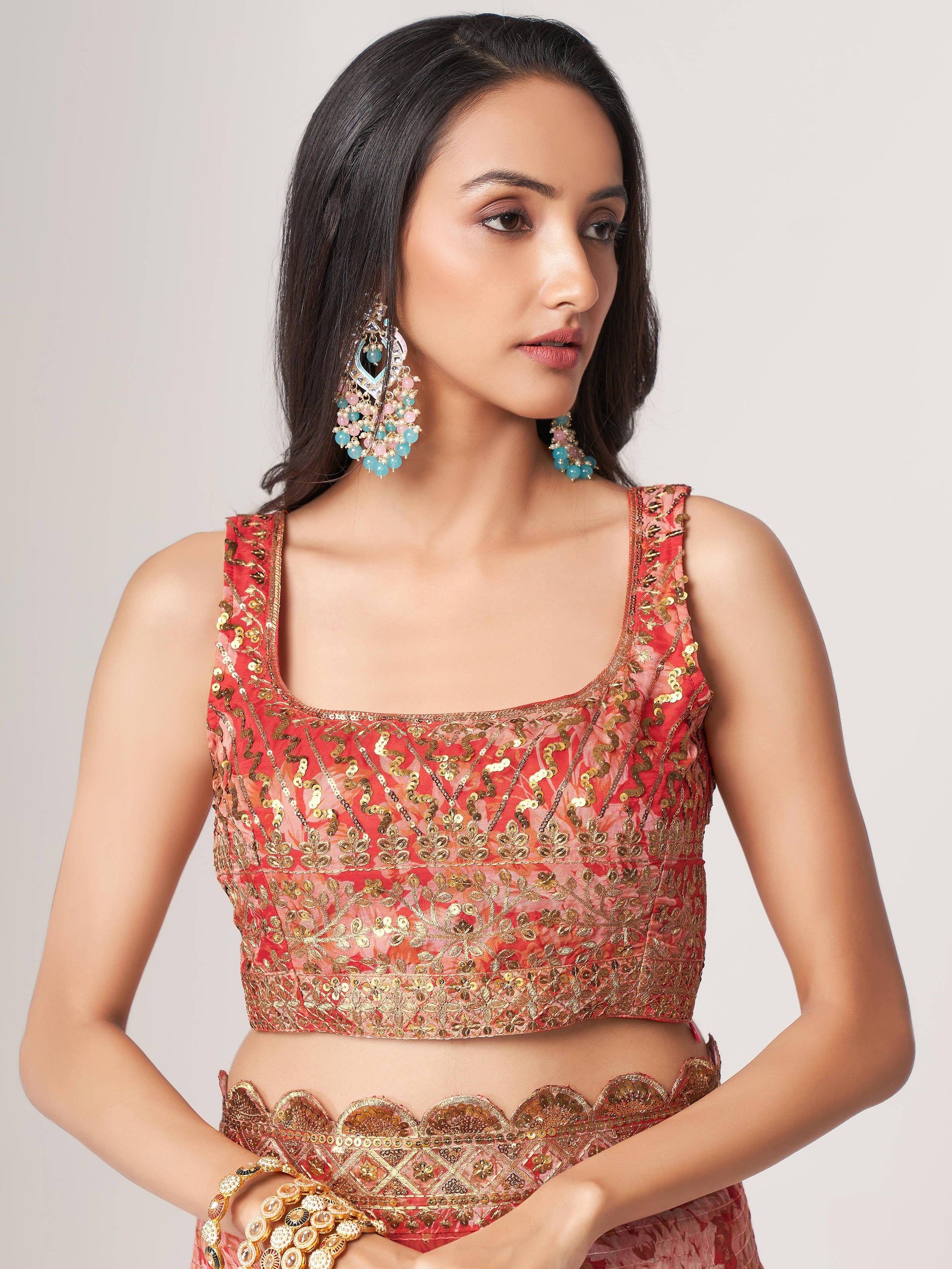 Gorgeous Red Floral Print Organza Wedding Wear Saree With Blouse - Zeel Clothing