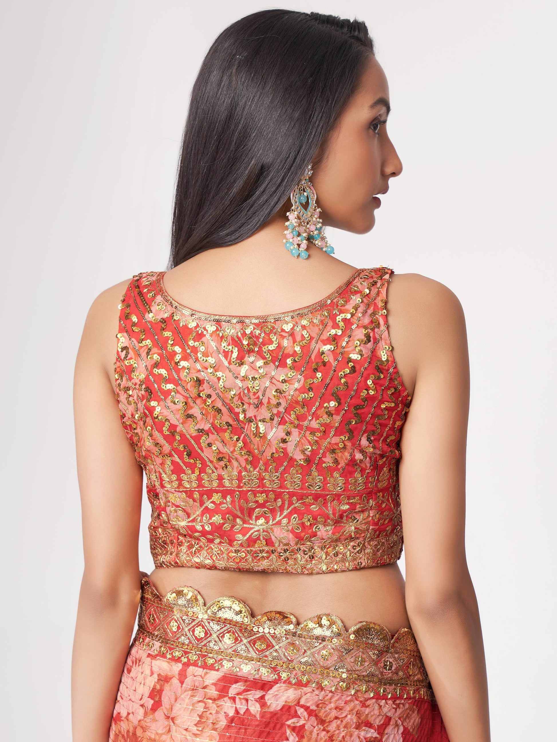 Gorgeous Red Floral Print Organza Wedding Wear Saree With Blouse - Zeel Clothing