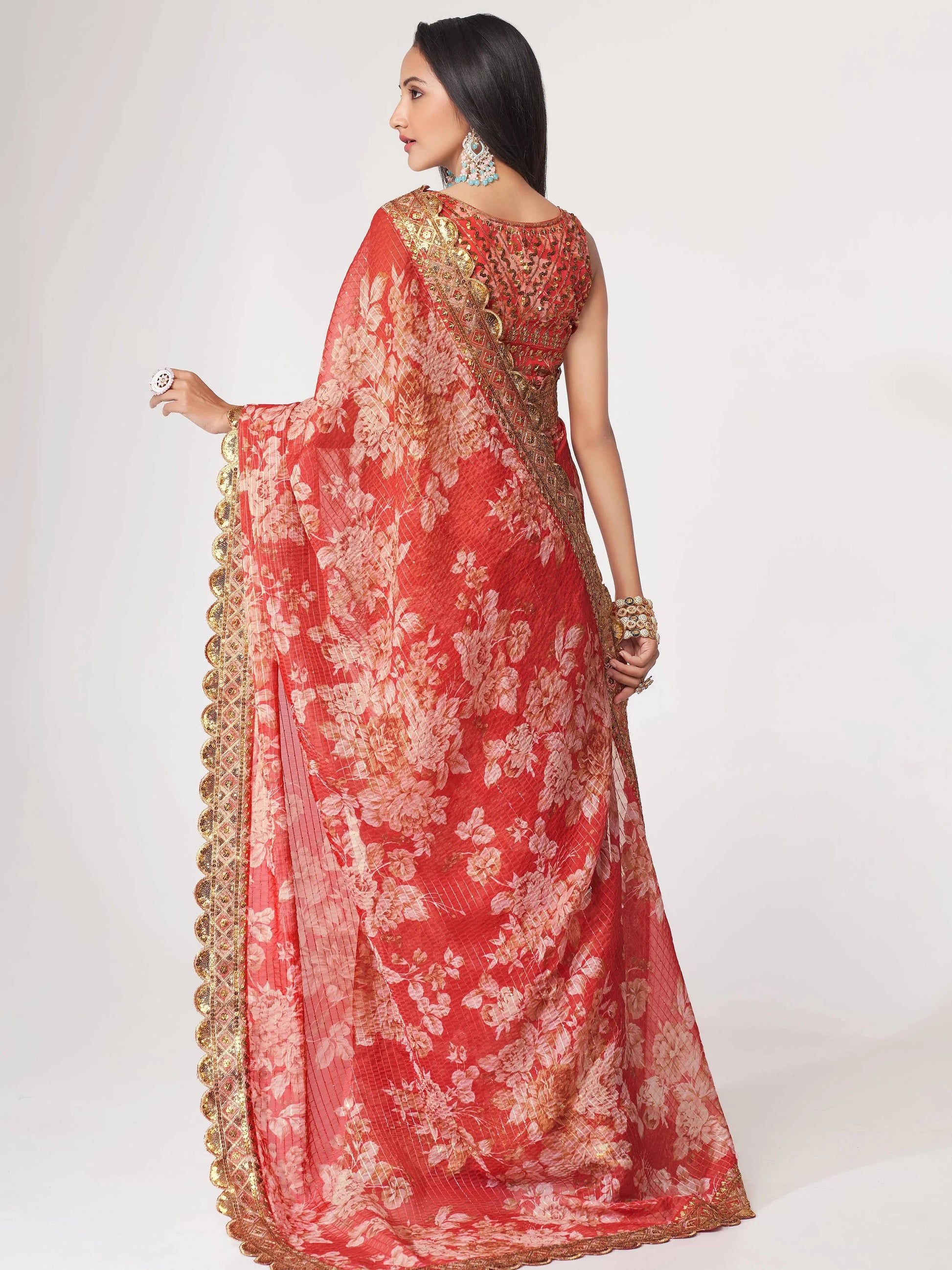 Gorgeous Red Floral Print Organza Wedding Wear Saree With Blouse - Zeel Clothing
