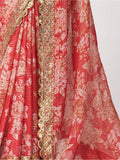 Gorgeous Red Floral Print Organza Wedding Wear Saree With Blouse - Zeel Clothing