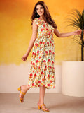 Gorgeous Red Floral Printed Silk Day Functions Wear Dress