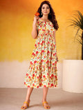 Gorgeous Red Floral Printed Silk Day Functions Wear Dress