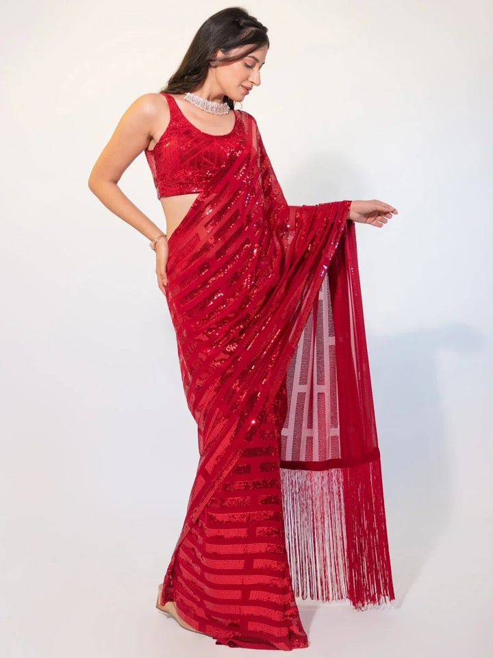 Gorgeous Red Sequins Georgette Party Wear Saree With Blouse - Zeel Clothing