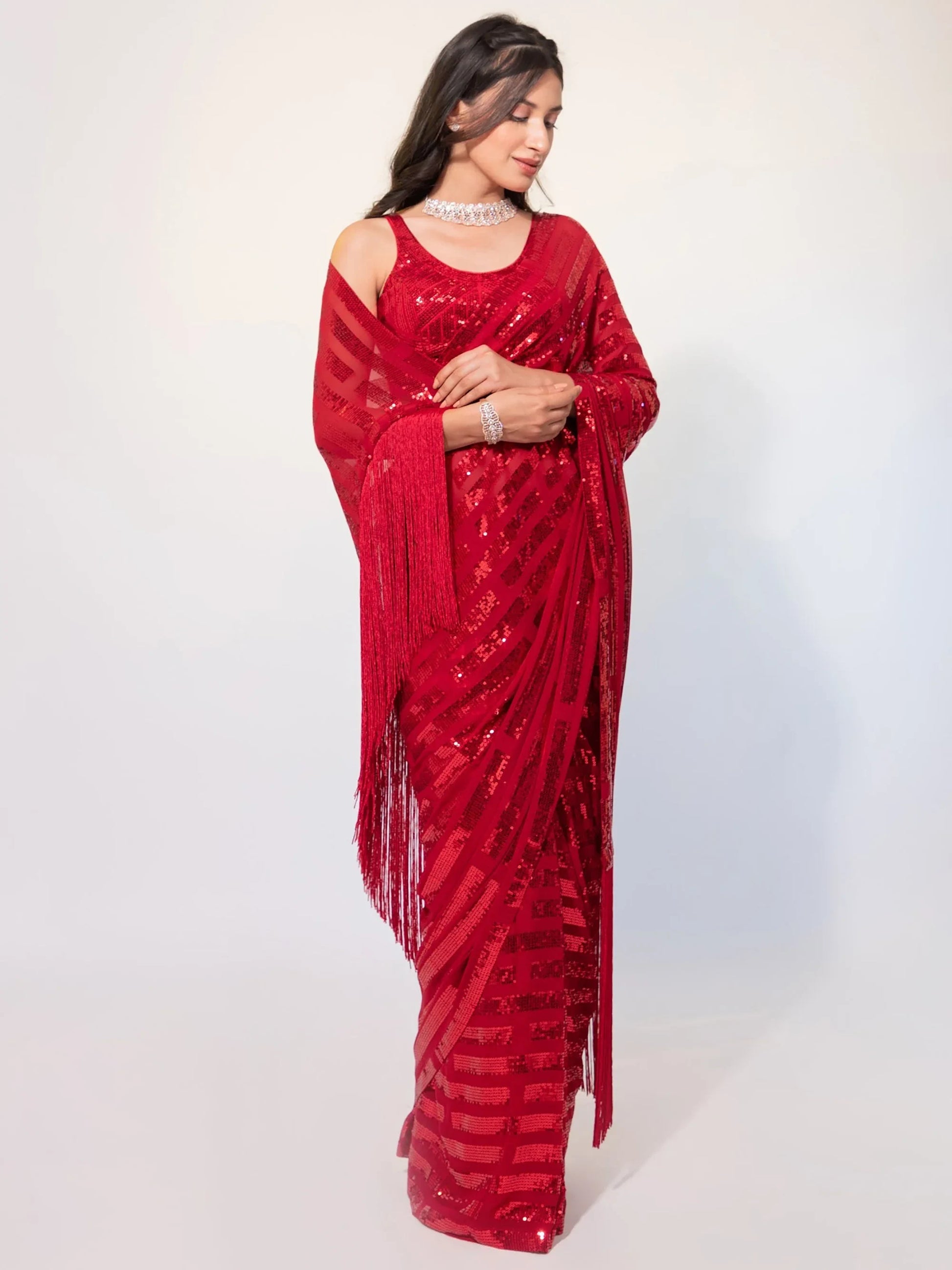 Gorgeous Red Sequins Georgette Party Wear Saree With Blouse - Zeel Clothing