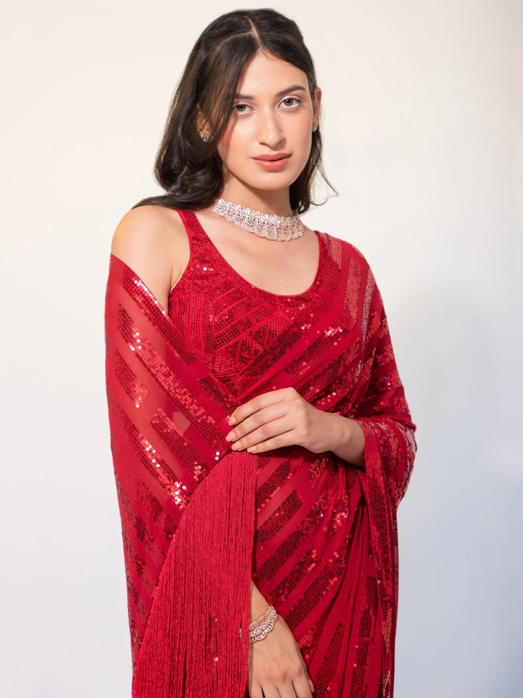 Gorgeous Red Sequins Georgette Party Wear Saree With Blouse - Zeel Clothing