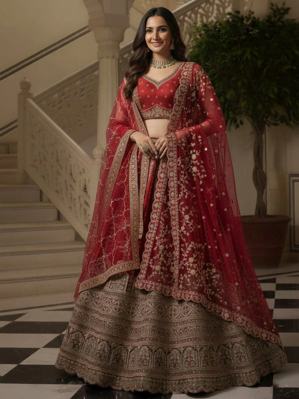 Gorgeous Red Sequins Work Silk Bridal Wear Lehenga Choli With Double Dupatta