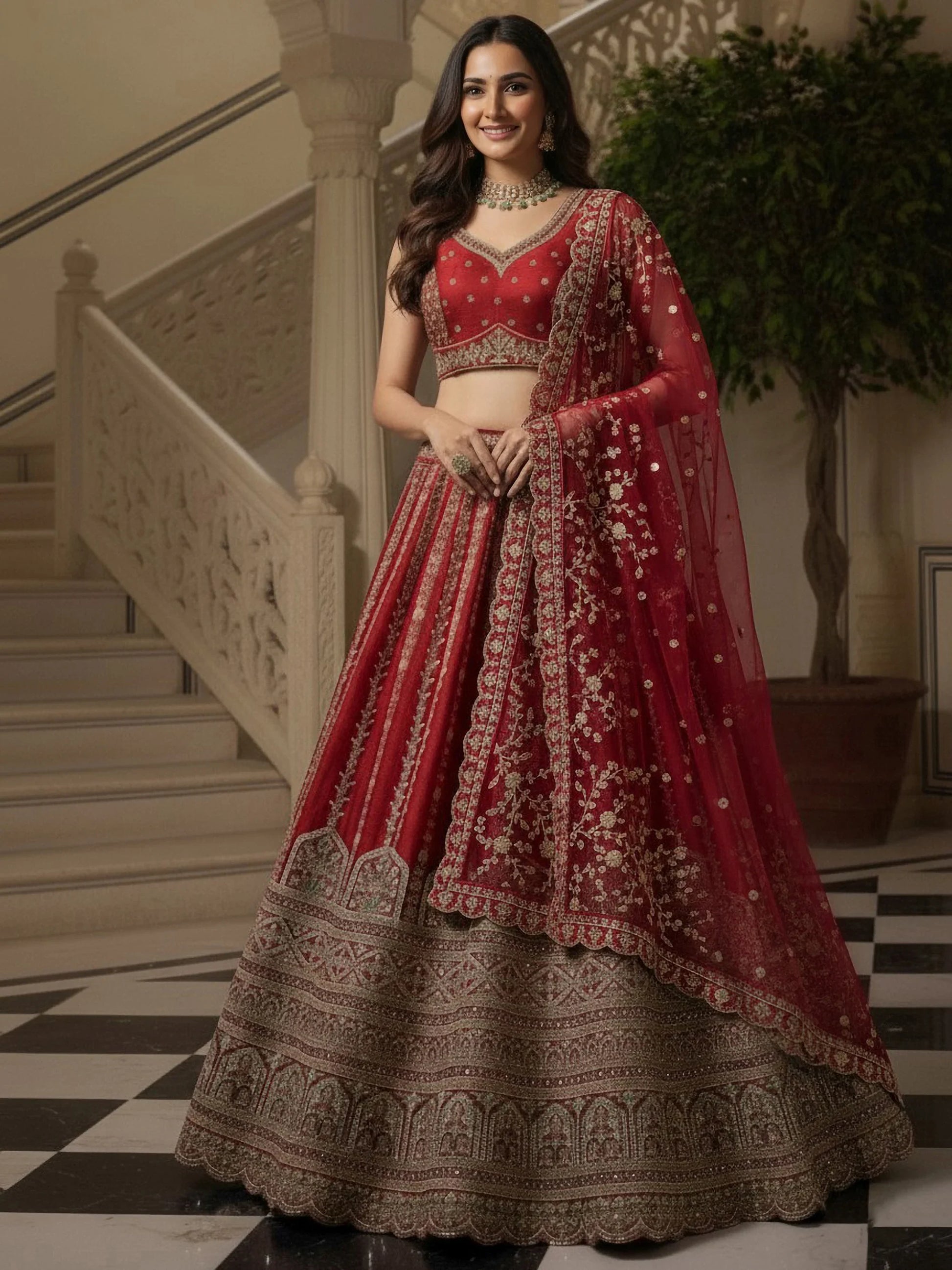 Gorgeous Red Sequins Work Silk Bridal Wear Lehenga Choli With Double Dupatta