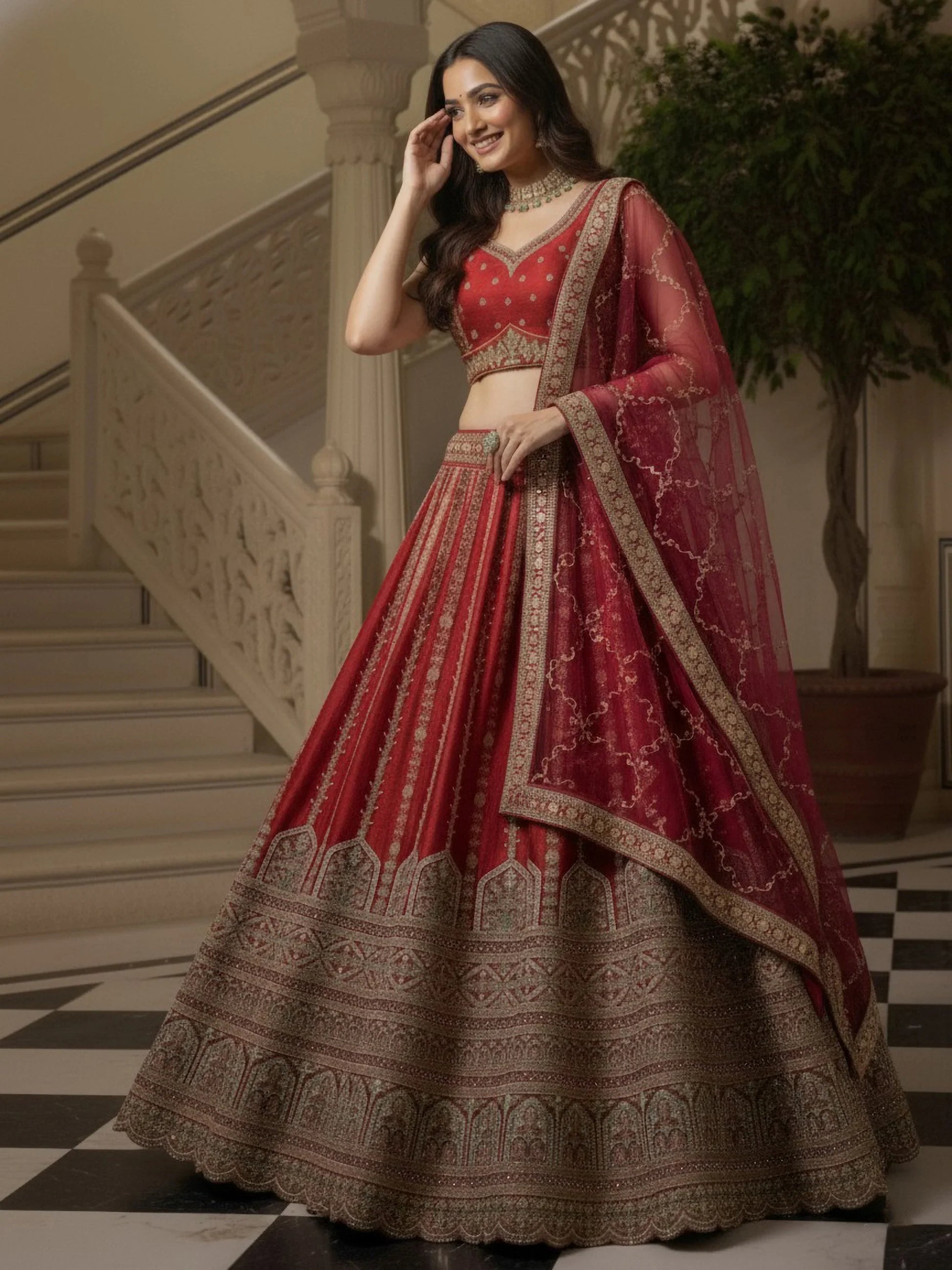 Gorgeous Red Sequins Work Silk Bridal Wear Lehenga Choli With Double Dupatta