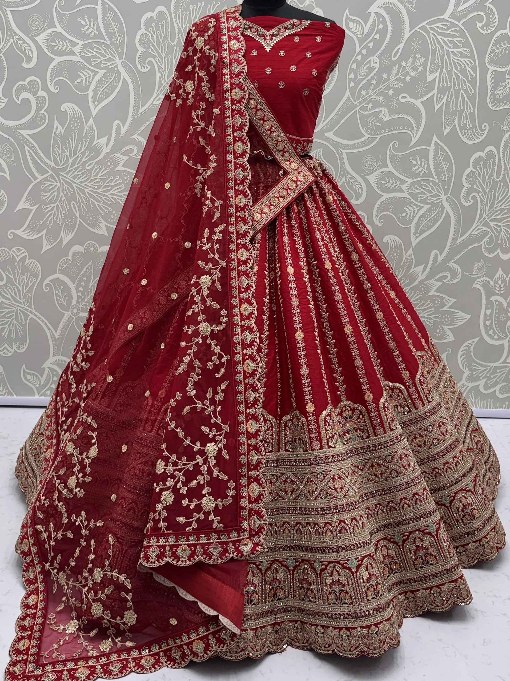 Gorgeous Red Sequins Work Silk Bridal Wear Lehenga Choli With Double Dupatta