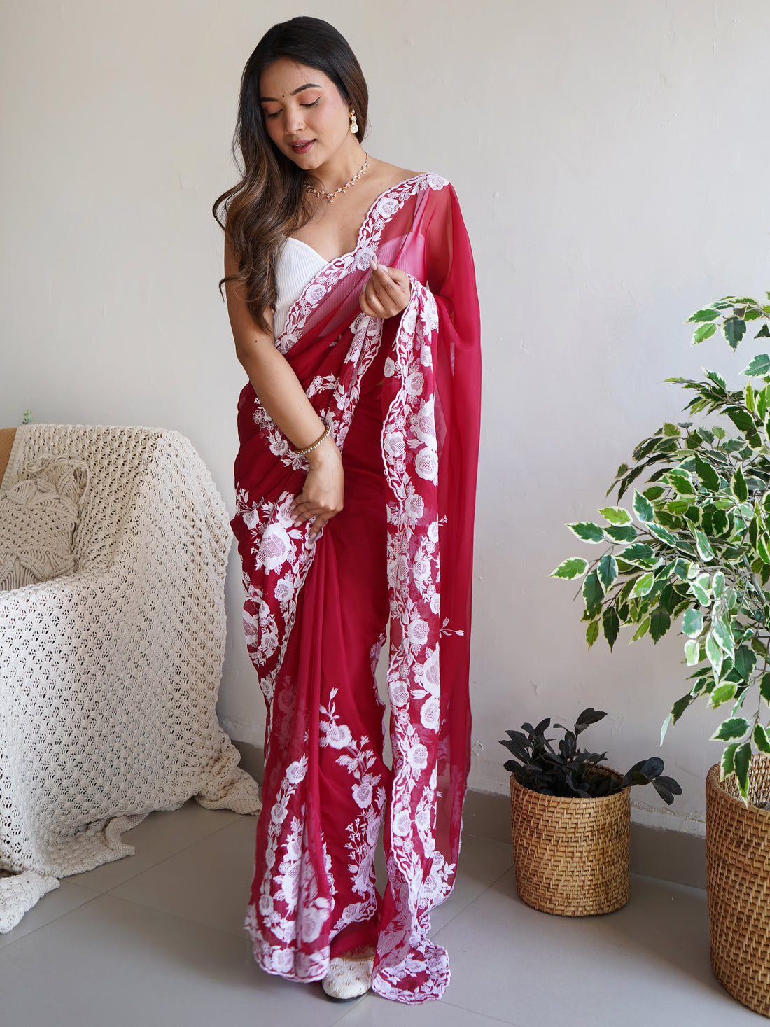 Gorgeous Red Thread Work Organza Festival Wear Saree With Blouse - Zeel Clothing