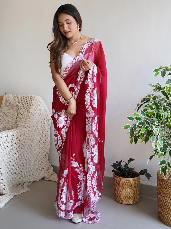 Gorgeous Red Thread Work Organza Festival Wear Saree With Blouse - Zeel Clothing