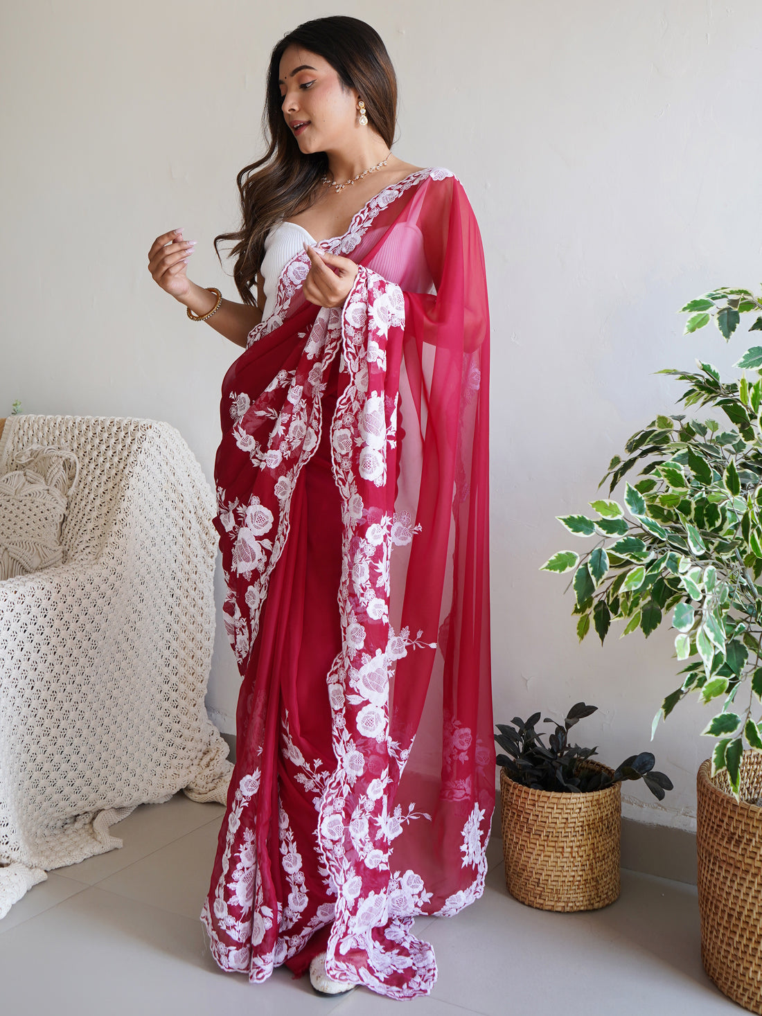 Gorgeous Red Thread Work Organza Festival Wear Saree With Blouse - Zeel Clothing