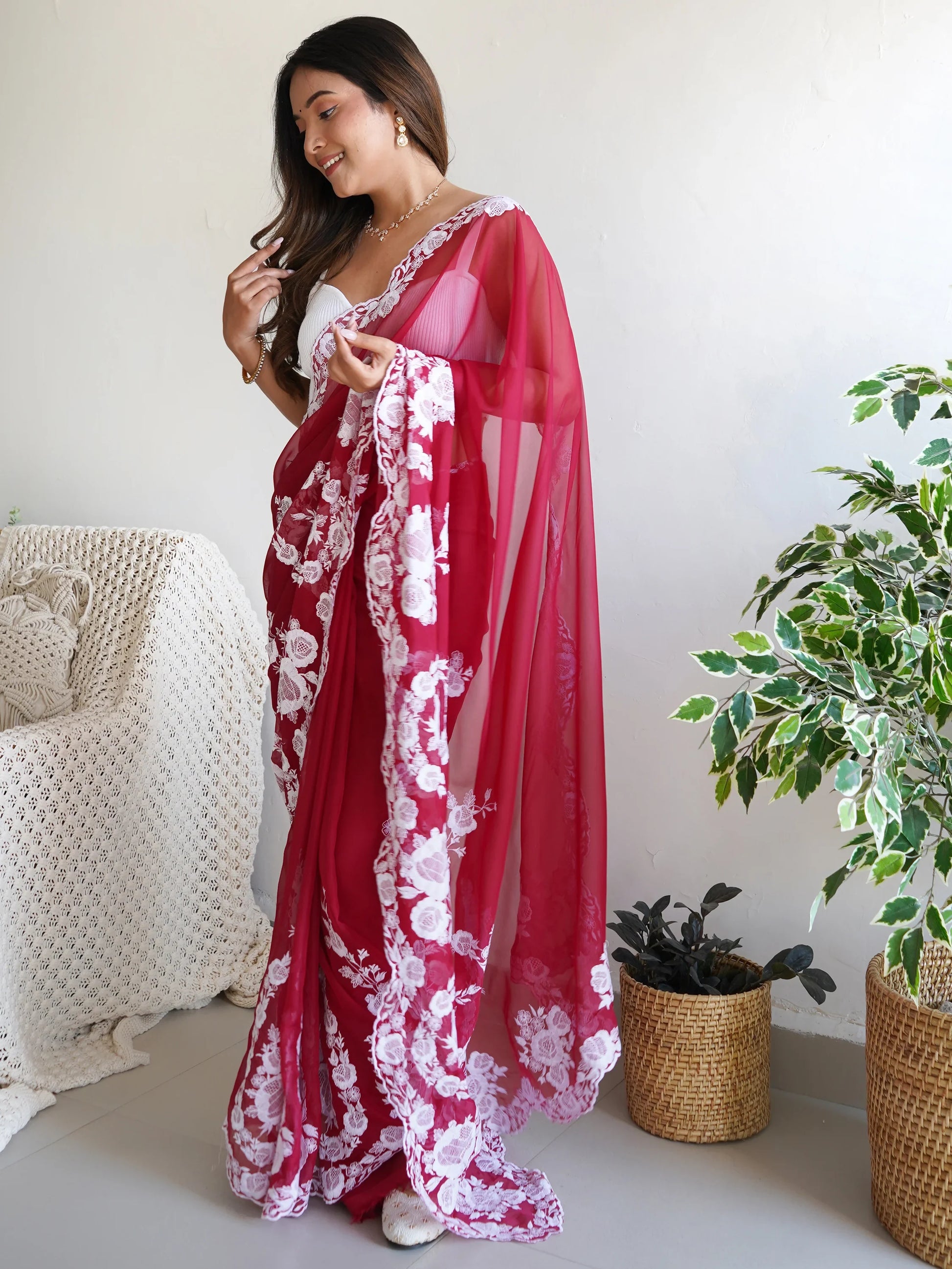 Gorgeous Red Thread Work Organza Festival Wear Saree With Blouse - Zeel Clothing