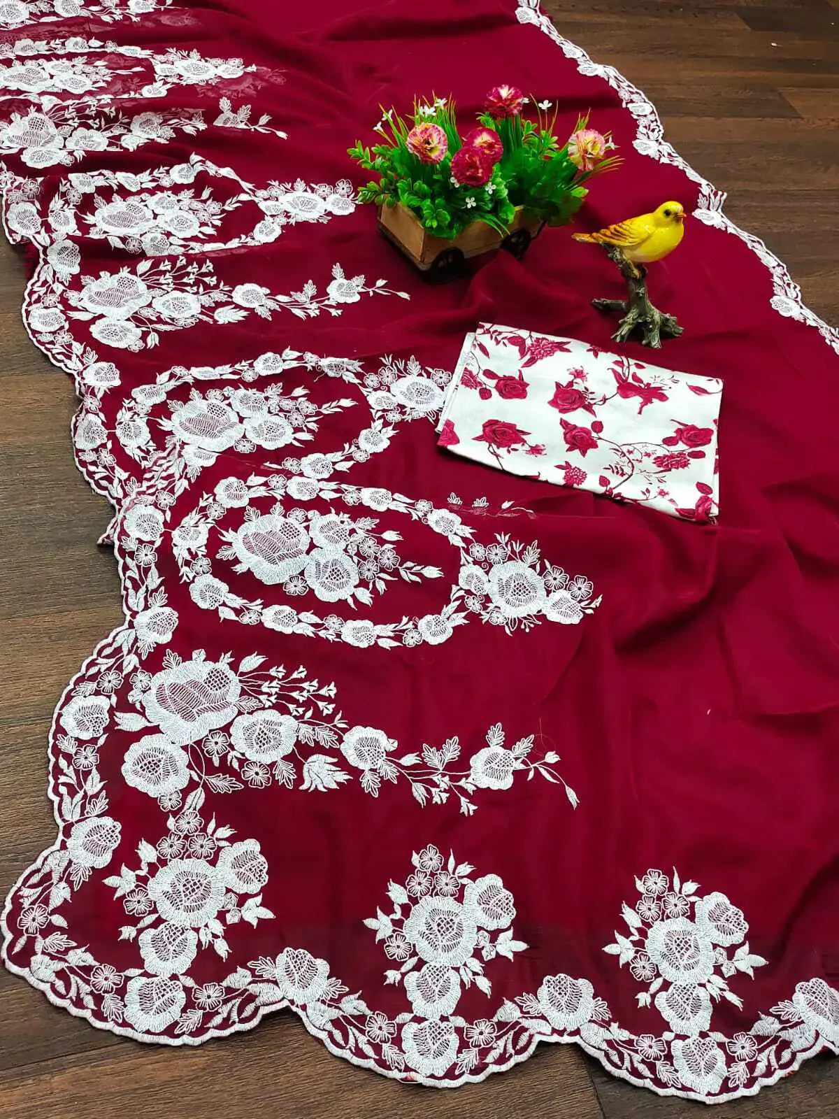 Gorgeous Red Thread Work Organza Festival Wear Saree With Blouse - Zeel Clothing