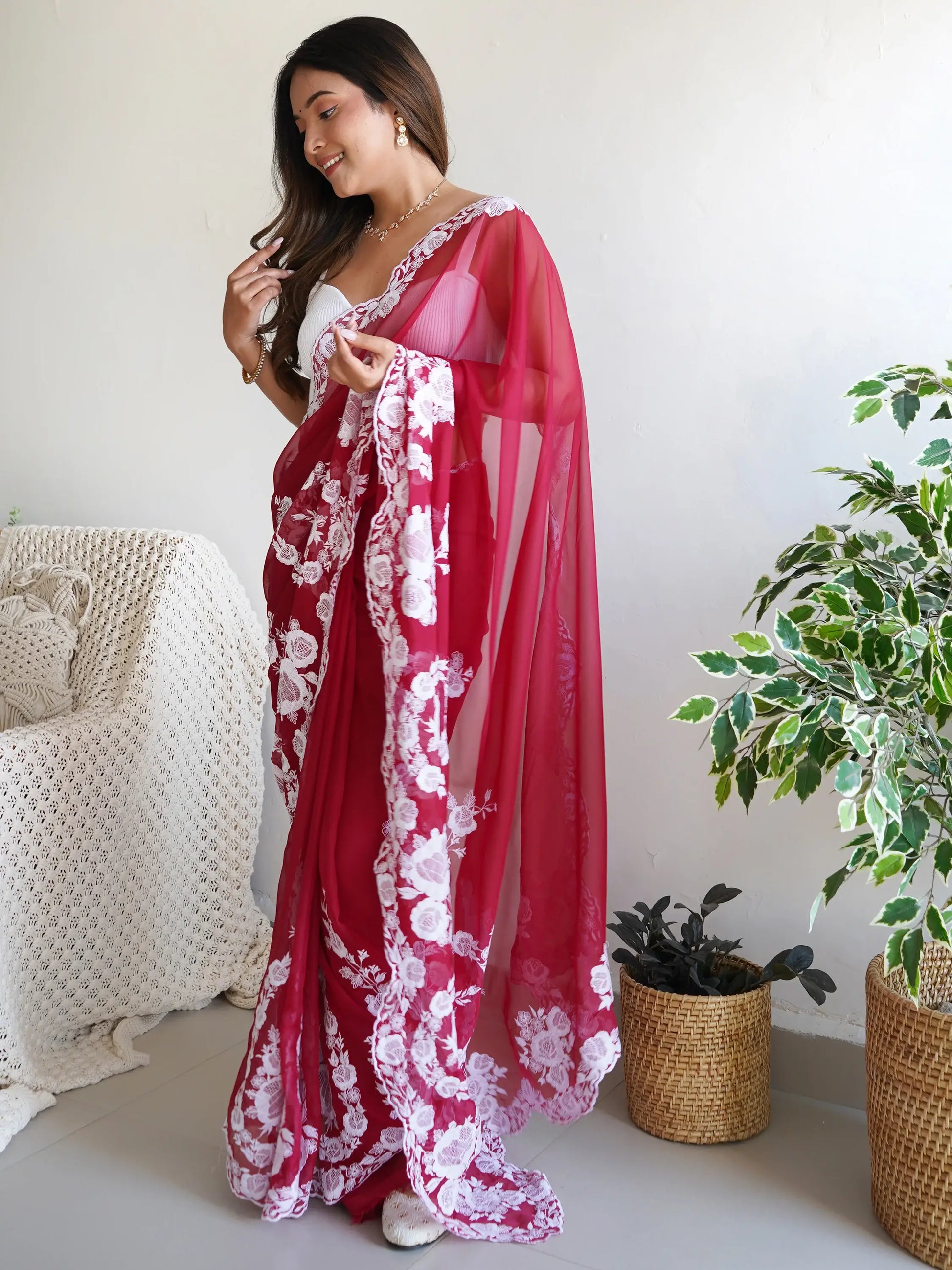 Gorgeous Red Thread Work Organza Festival Wear Saree With Blouse - Zeel Clothing