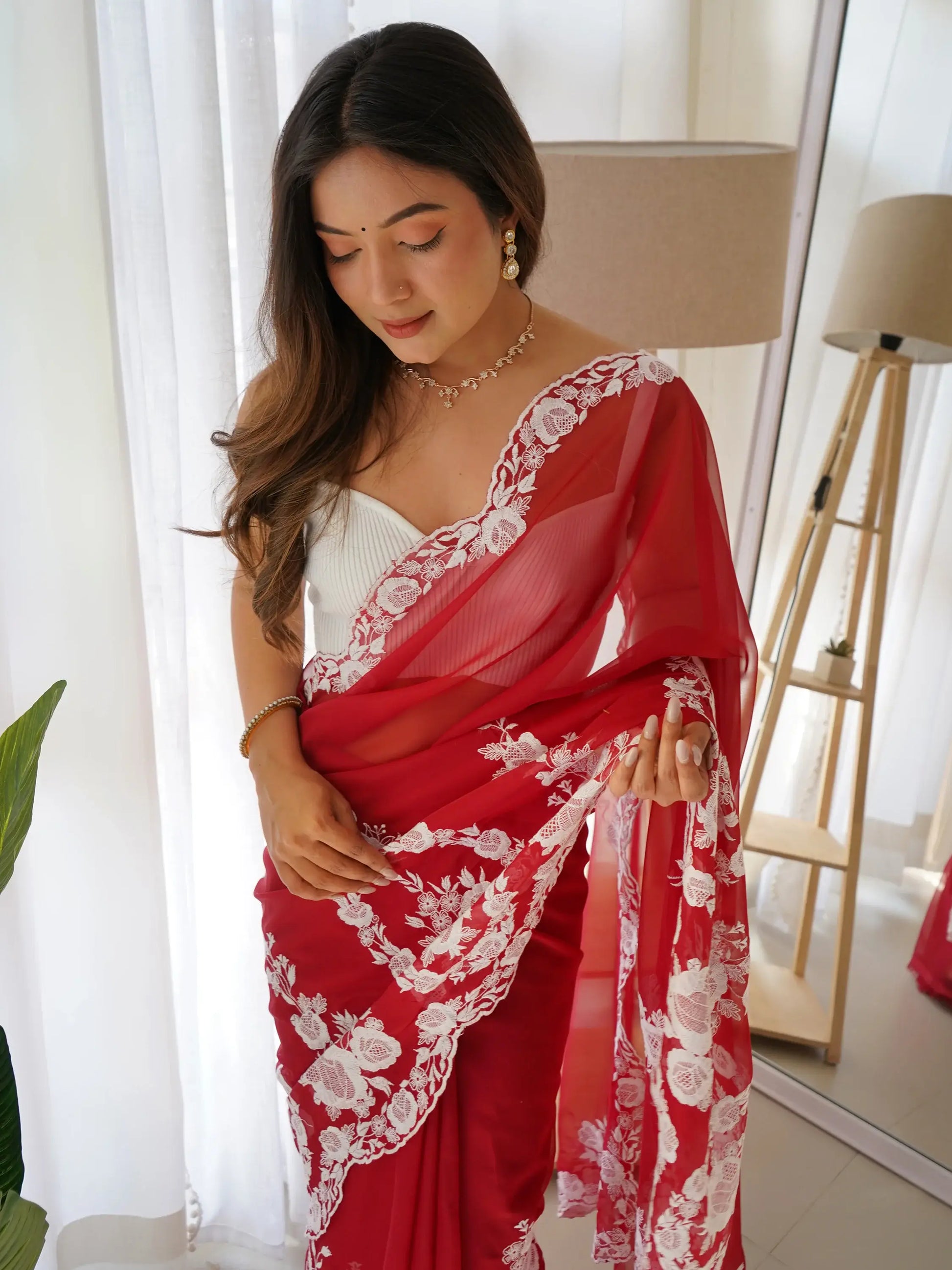 Gorgeous Red Thread Work Organza Festival Wear Saree With Blouse - Zeel Clothing