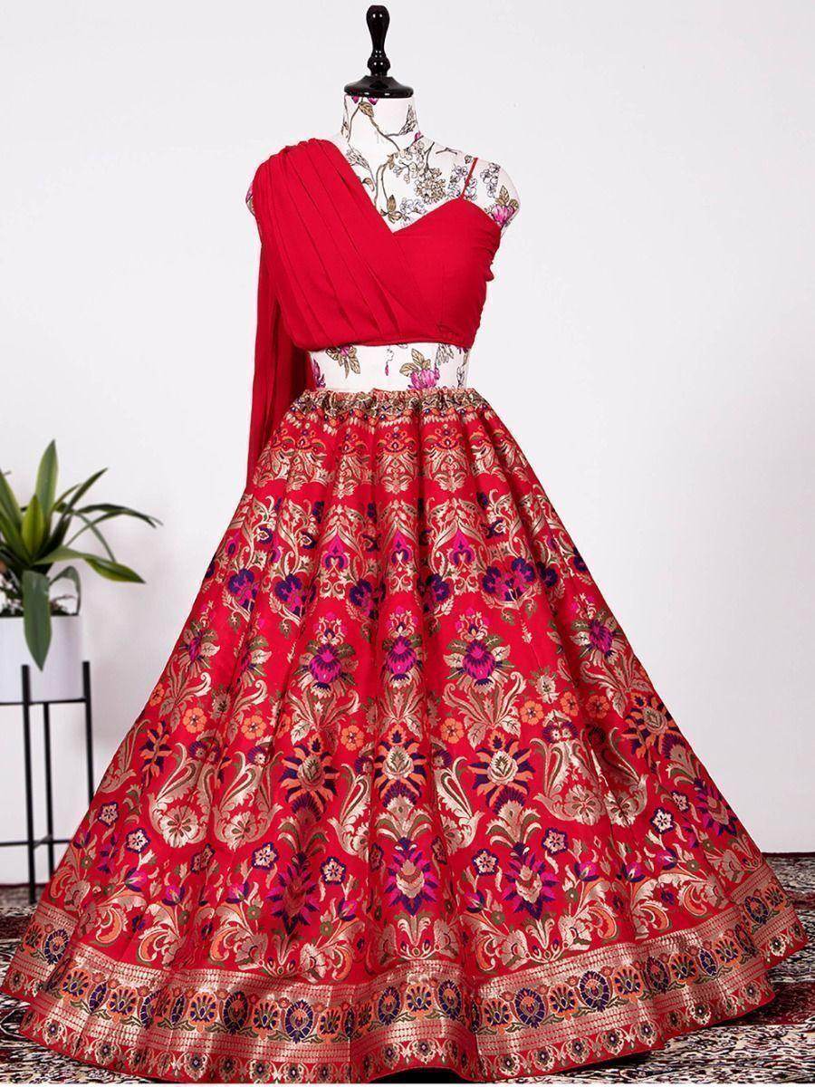 Gorgeous Red Woven Banarasi Silk Indo-Western Crop Top Lehenga - Zeel Clothing