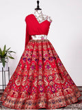 Gorgeous Red Woven Banarasi Silk Indo-Western Crop Top Lehenga - Zeel Clothing