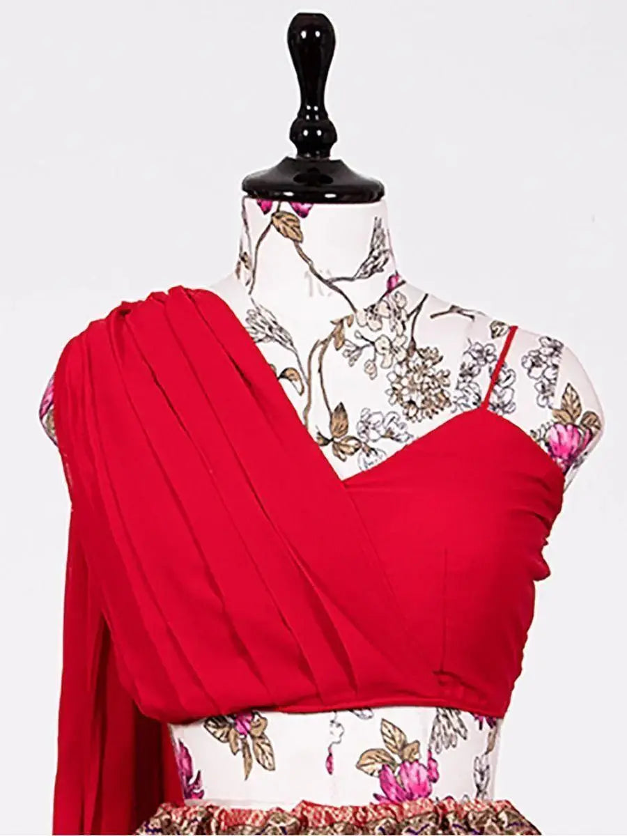 Gorgeous Red Woven Banarasi Silk Indo-Western Crop Top Lehenga - Zeel Clothing