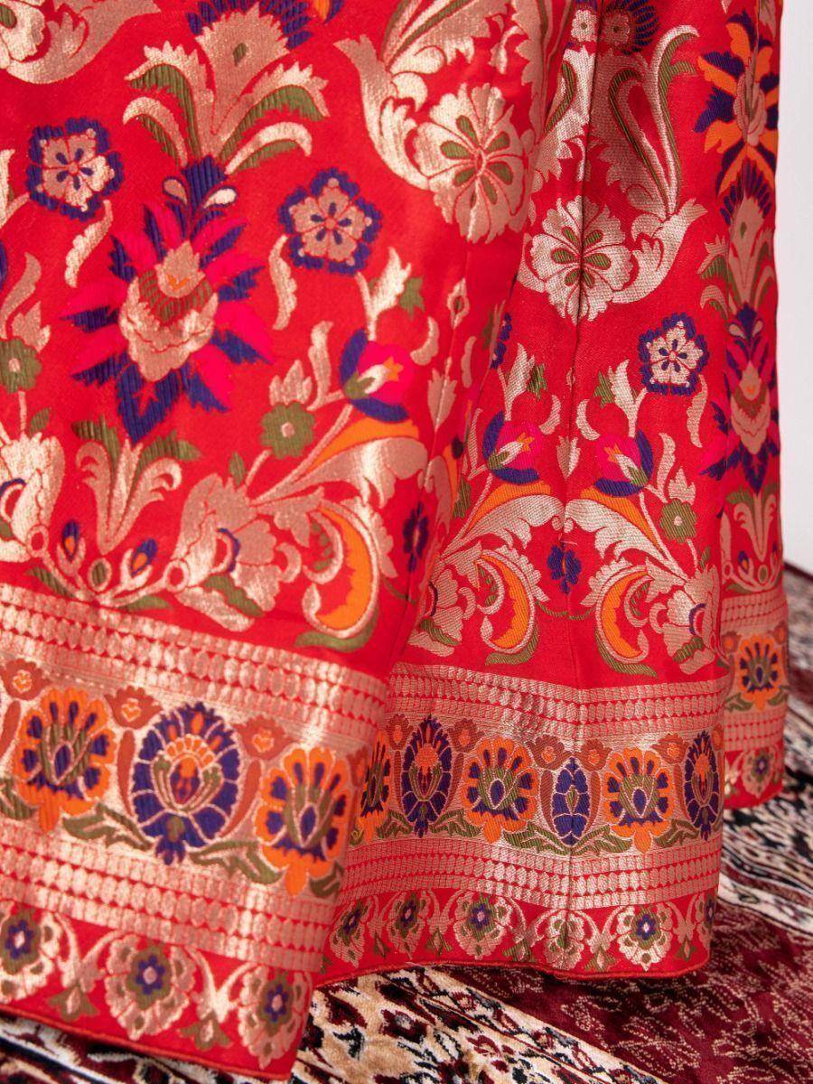 Gorgeous Red Woven Banarasi Silk Indo-Western Crop Top Lehenga - Zeel Clothing