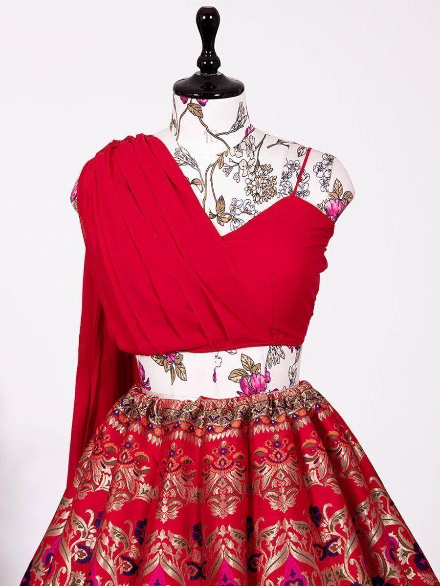Gorgeous Red Woven Banarasi Silk Indo-Western Crop Top Lehenga - Zeel Clothing