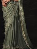 Gorgeous Sage Green Swarovski Work Silk Wedding Wear Saree - Zeel Clothing