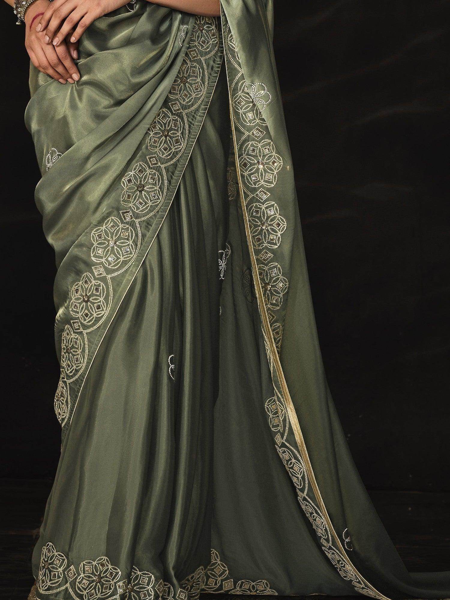 Gorgeous Sage Green Swarovski Work Silk Wedding Wear Saree - Zeel Clothing