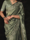 Gorgeous Sage Green Swarovski Work Silk Wedding Wear Saree - Zeel Clothing
