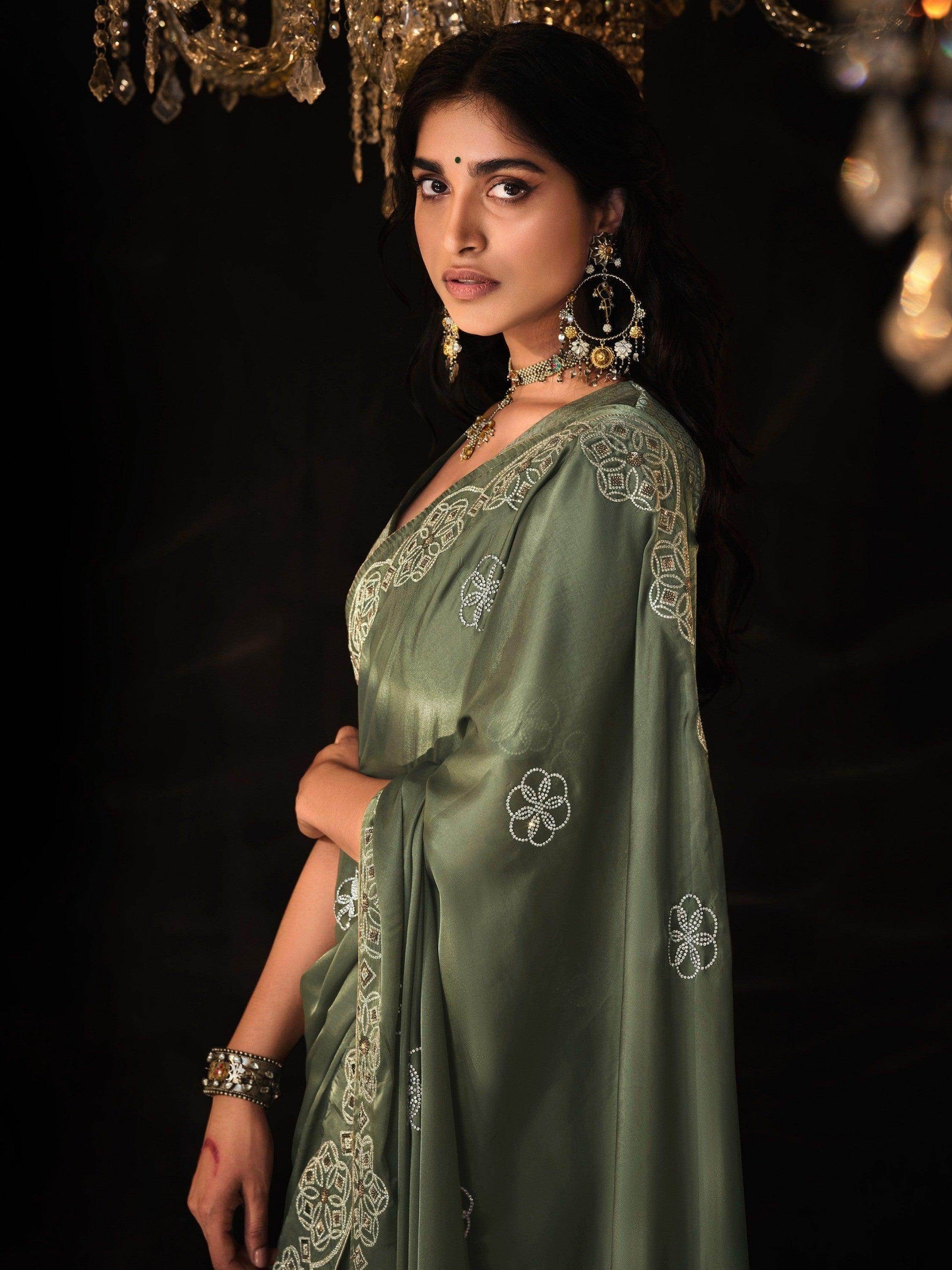 Gorgeous Sage Green Swarovski Work Silk Wedding Wear Saree - Zeel Clothing
