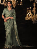 Gorgeous Sage Green Swarovski Work Silk Wedding Wear Saree - Zeel Clothing