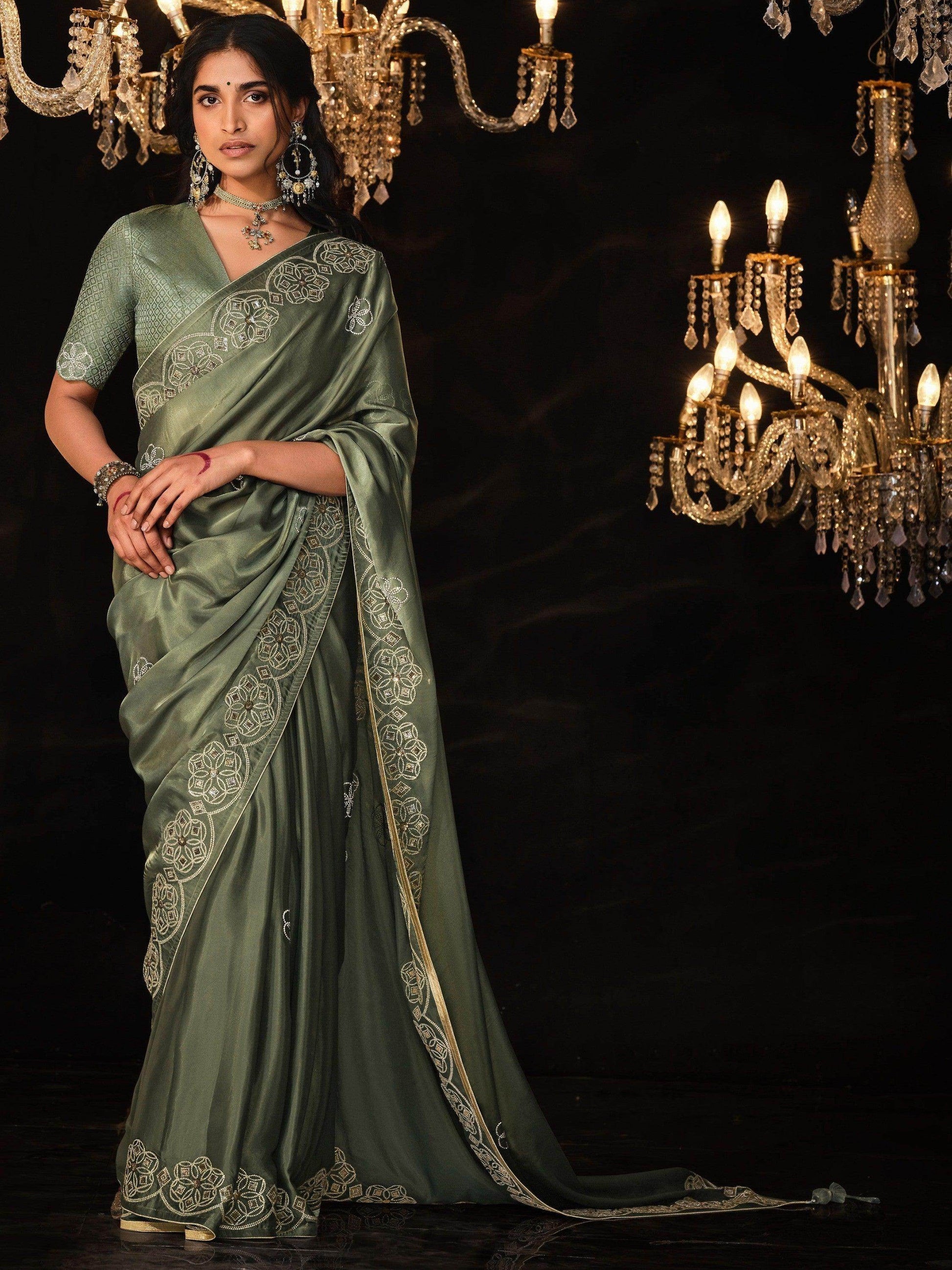 Gorgeous Sage Green Swarovski Work Silk Wedding Wear Saree - Zeel Clothing