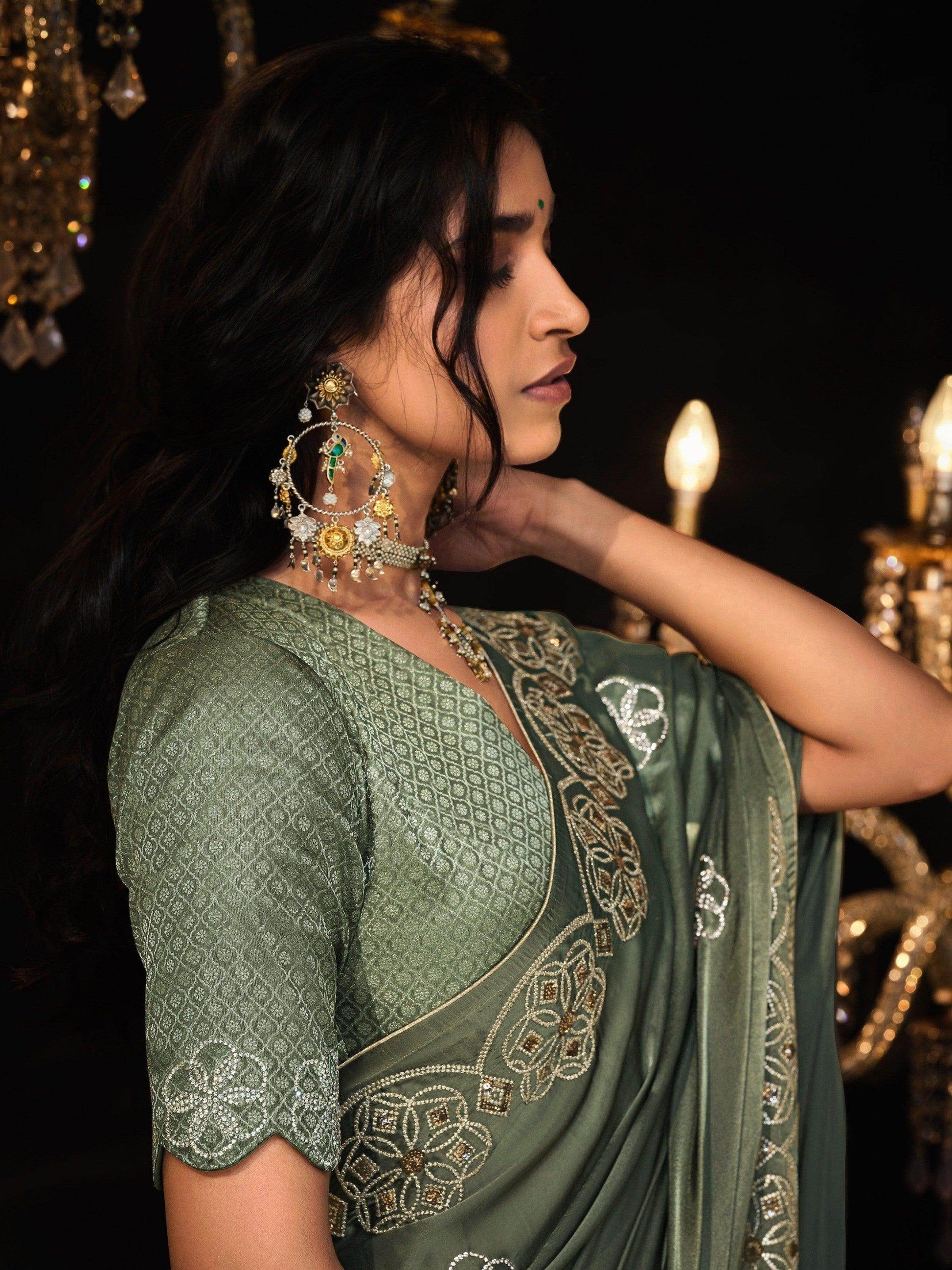 Gorgeous Sage Green Swarovski Work Silk Wedding Wear Saree - Zeel Clothing