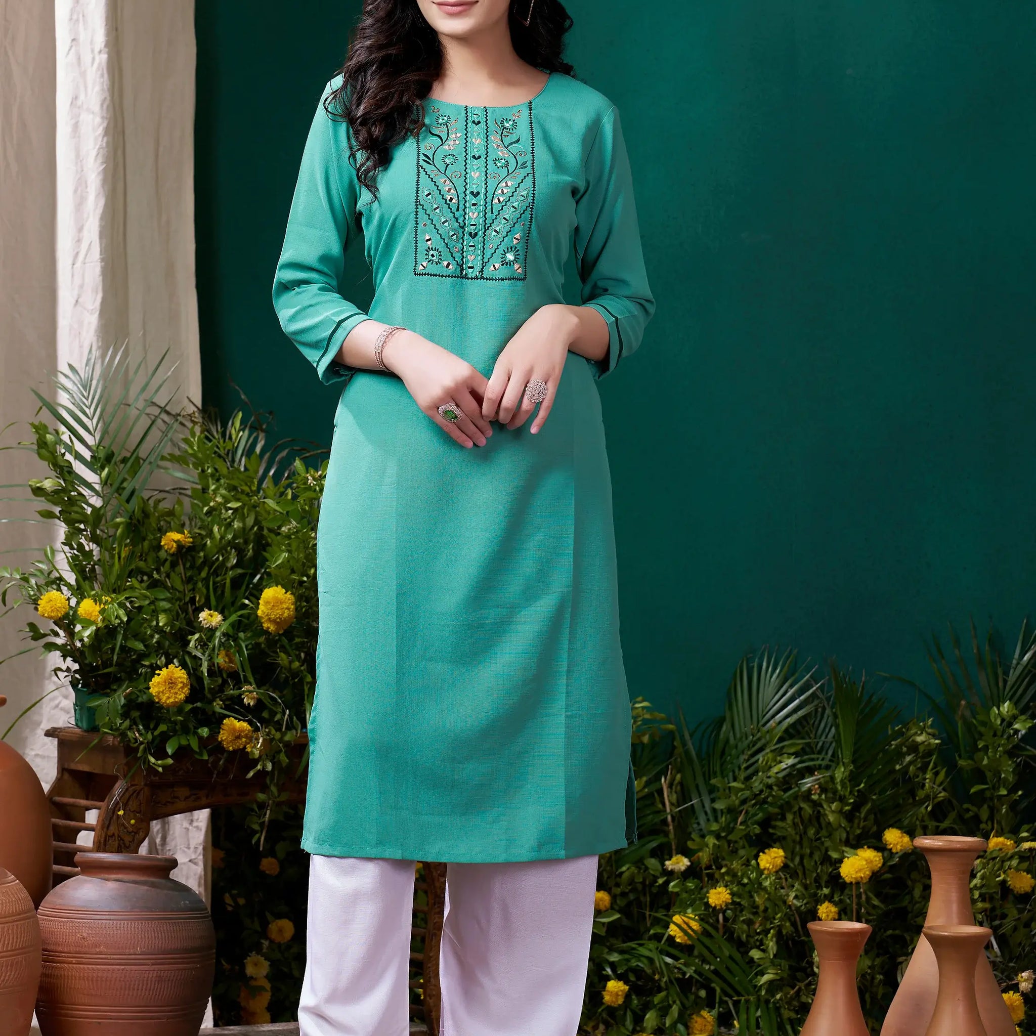 Gorgeous Sea Green Embroidered Cotton Festival Wear Kurti With Pant - Zeel Clothing