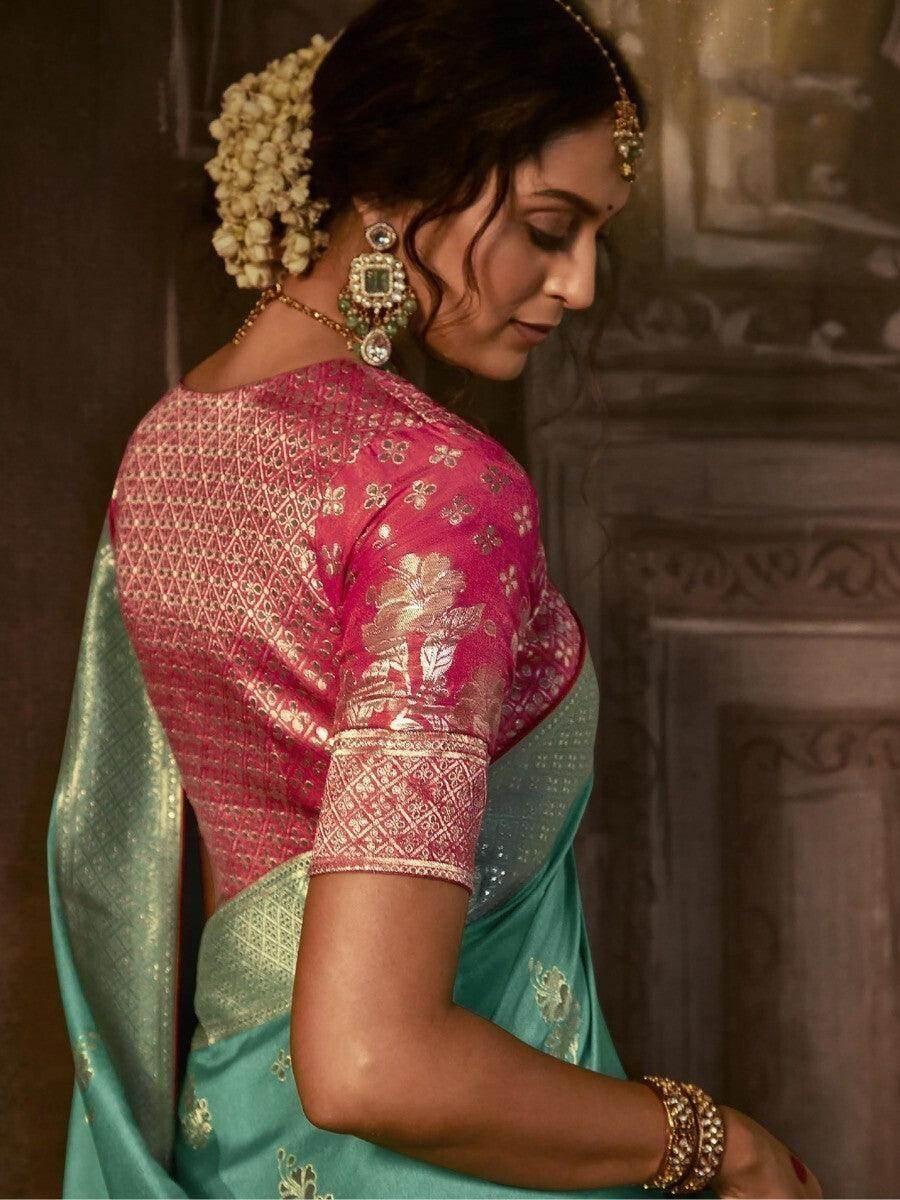 Gorgeous Sea Green Zari Woven Silk Events Wear Saree With Blouse - Zeel Clothing