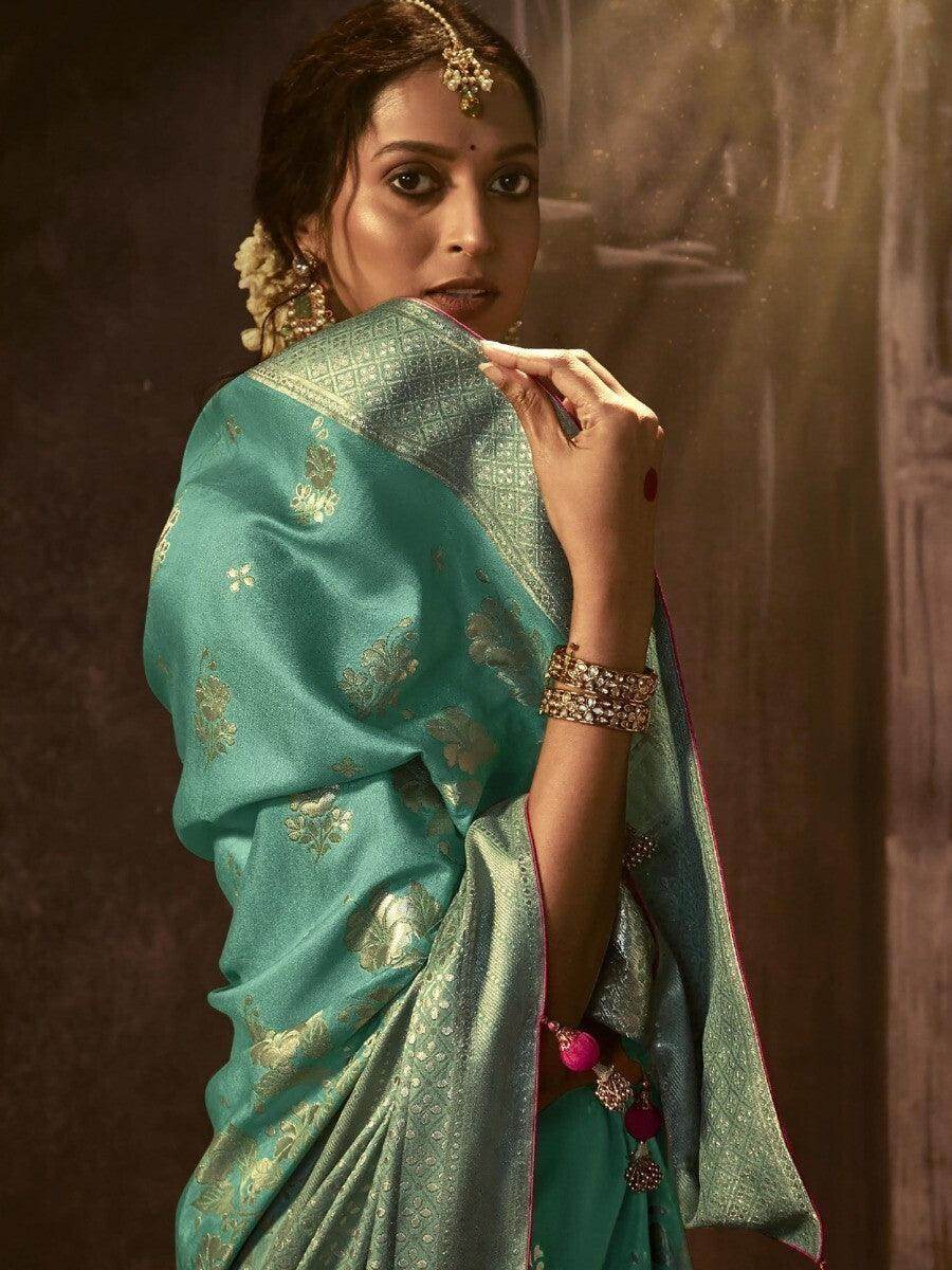 Gorgeous Sea Green Zari Woven Silk Events Wear Saree With Blouse - Zeel Clothing