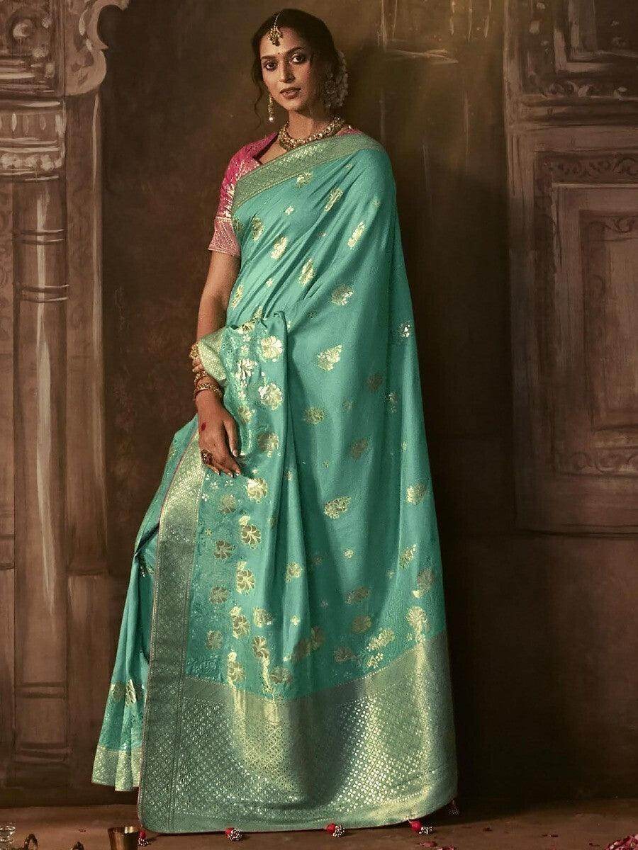 Gorgeous Sea Green Zari Woven Silk Events Wear Saree With Blouse - Zeel Clothing