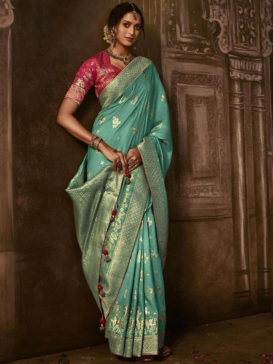 Gorgeous Sea Green Zari Woven Silk Events Wear Saree With Blouse - Zeel Clothing